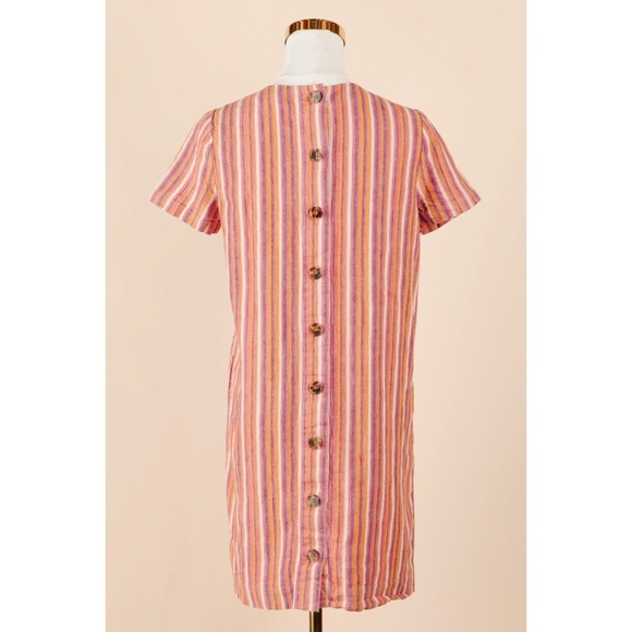 Sz XS Madewell Button-Back Easy Dress In Rainbow Vertical Stripe Linen GUC - Picture 3 of 5
